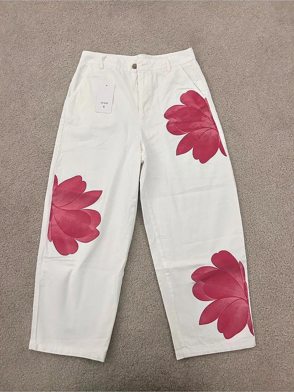 Floral Wide Leg Pants in White & Pink Size Small NWT